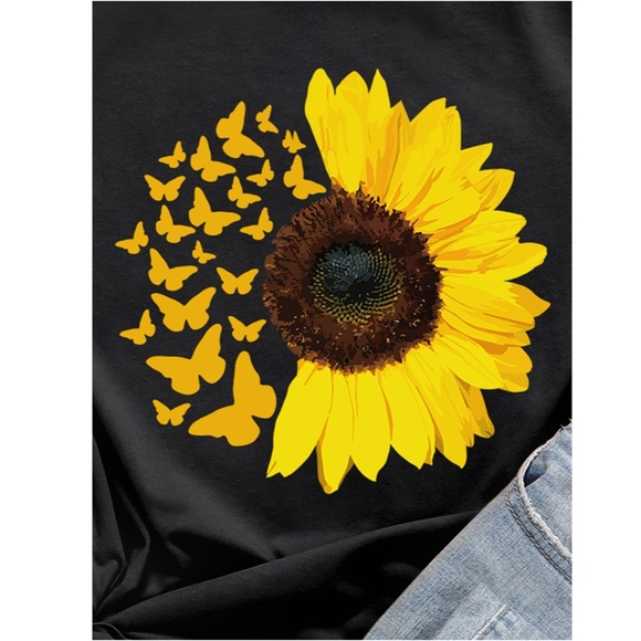Sunflower Print Black Tee Shirt - Picture 3 of 10